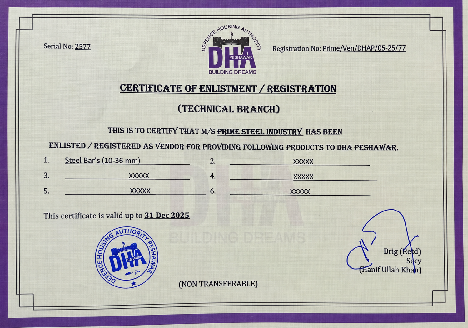 DHA Peshawar – Certificate of Enlistment